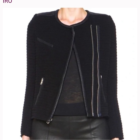 IRO Black Fleece Boucle Maiden Raw Hem Quilted Leather Detail Jacket - Picture 11 of 12